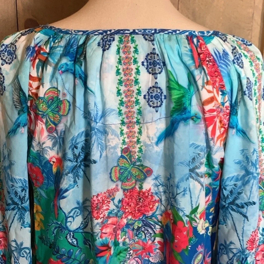 Lulalife colorful rayon blouse with tassel ties Size Small
